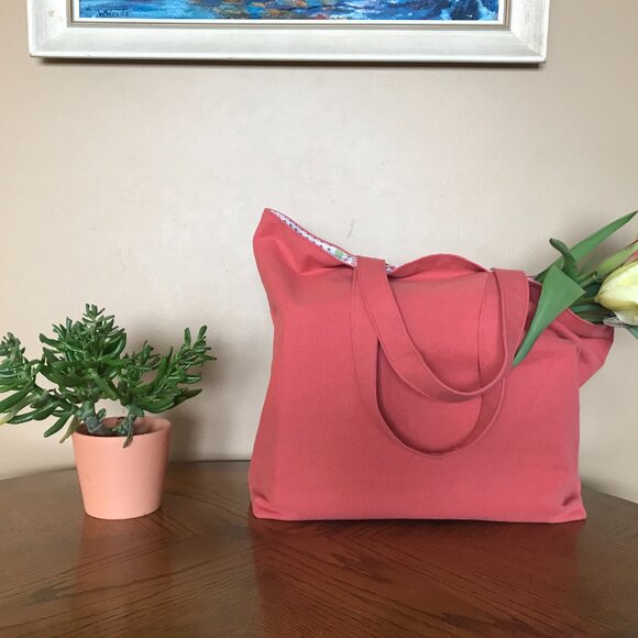 Handmade Women's Coral Canvas Tote Bag, Market Tote Bag, Beach Tote Bag - Picture 3 of 8